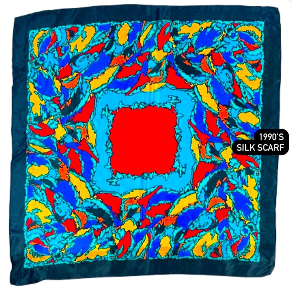 1990s 100% silk print scarf by Acute.  28” square.